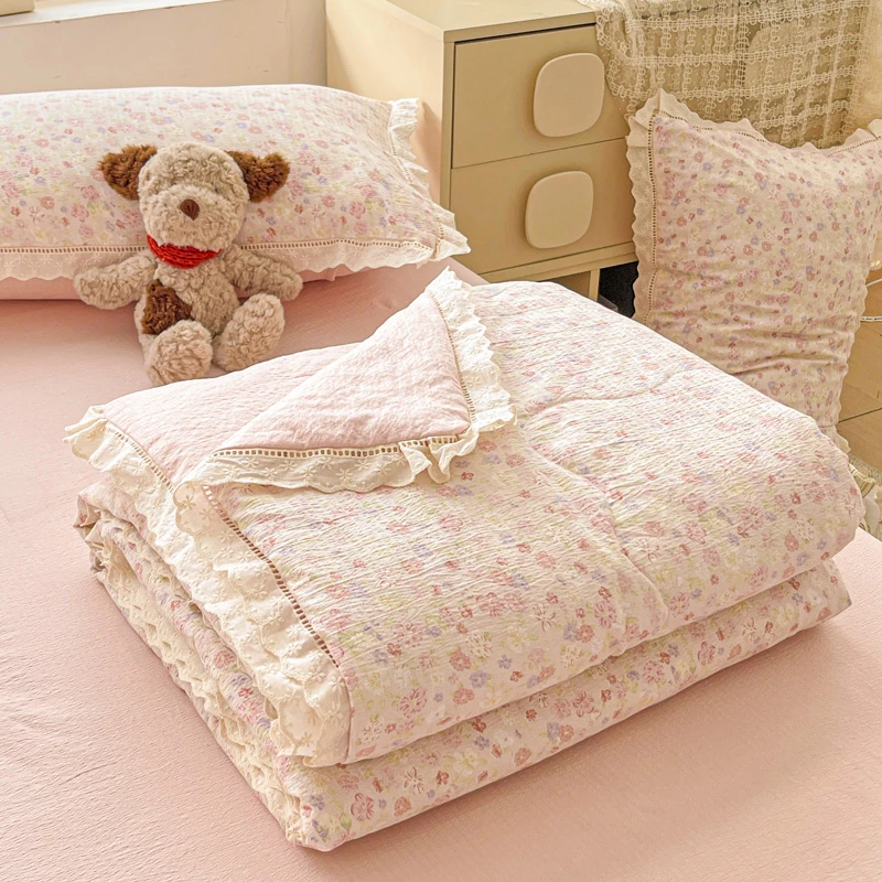 新款云感木棉皱皱纱花边款夏被夏凉被空调被四件套小清新女生夏被