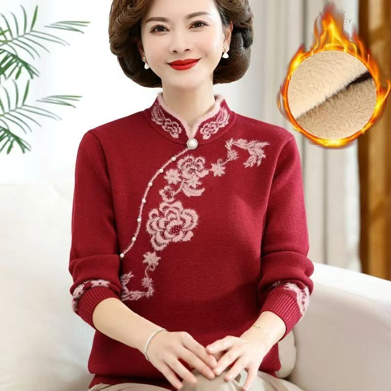 【清仓】妈妈加绒加厚毛衣秋冬套头旗袍领上衣中老年女一体绒打底衫
