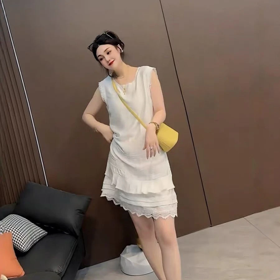 761法式蕾丝花边拼接亚麻无袖背心连衣裙女夏2025新款中长款裙子