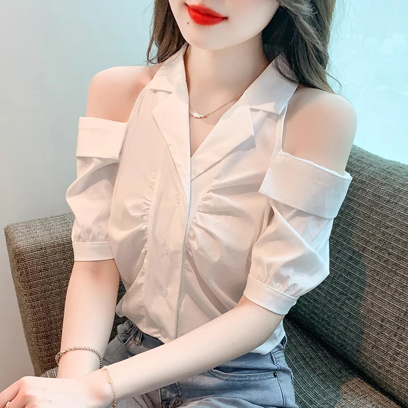 设计感小众露肩短袖衬衫女2025夏季新款小个子韩版宽松显瘦上衣潮