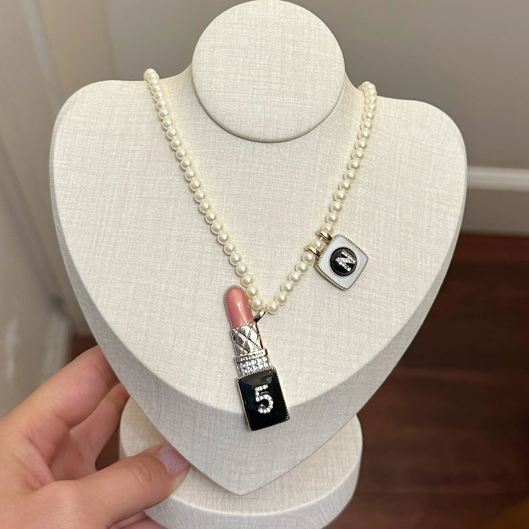 铜合金仿珍珠项链 X0214 时尚气质小香风个性潮流口红造型项链