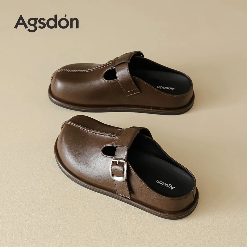 奥古狮登厚底小皮勃肯鞋包头半拖女2025新款秋棕色单鞋英伦一脚蹬