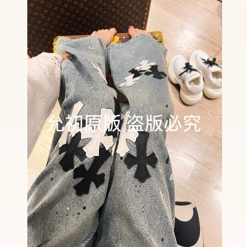 25ss允初新款「十字欧美」高街时尚重工泼墨十字架刺绣止痛牛仔裤