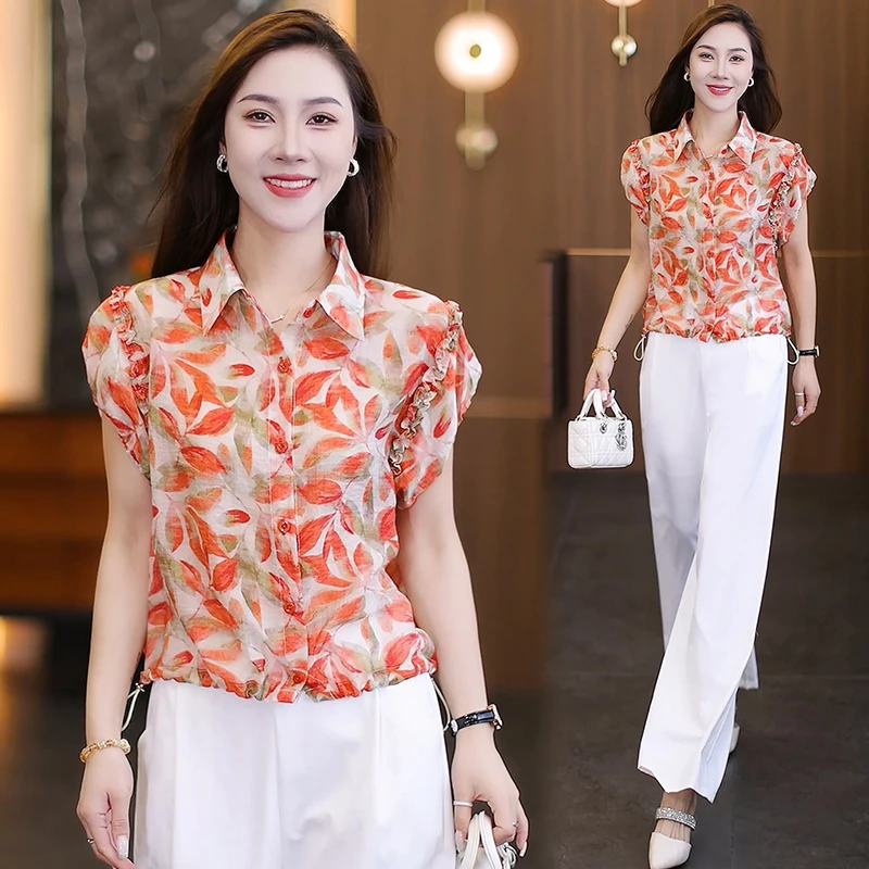 花边袖时尚碎花夏季气质衬衫百搭高级感遮肚显瘦花苞型减龄衬衫女