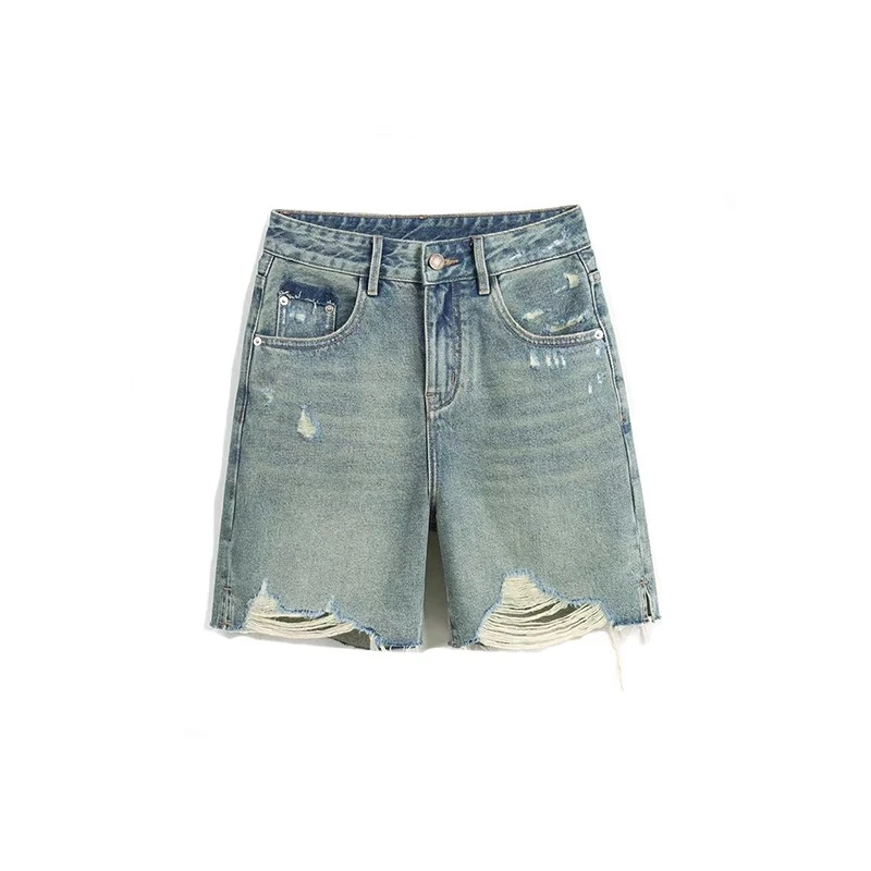 破洞牛仔短裤女夏季2025年高腰薄款小个子a字五分裤-8678
