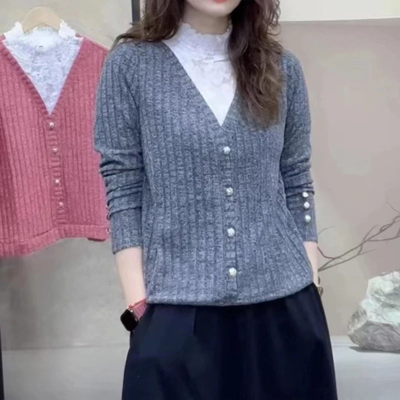 春秋蕾丝拼接半高领假两件弹力时尚休闲气质百搭上衣