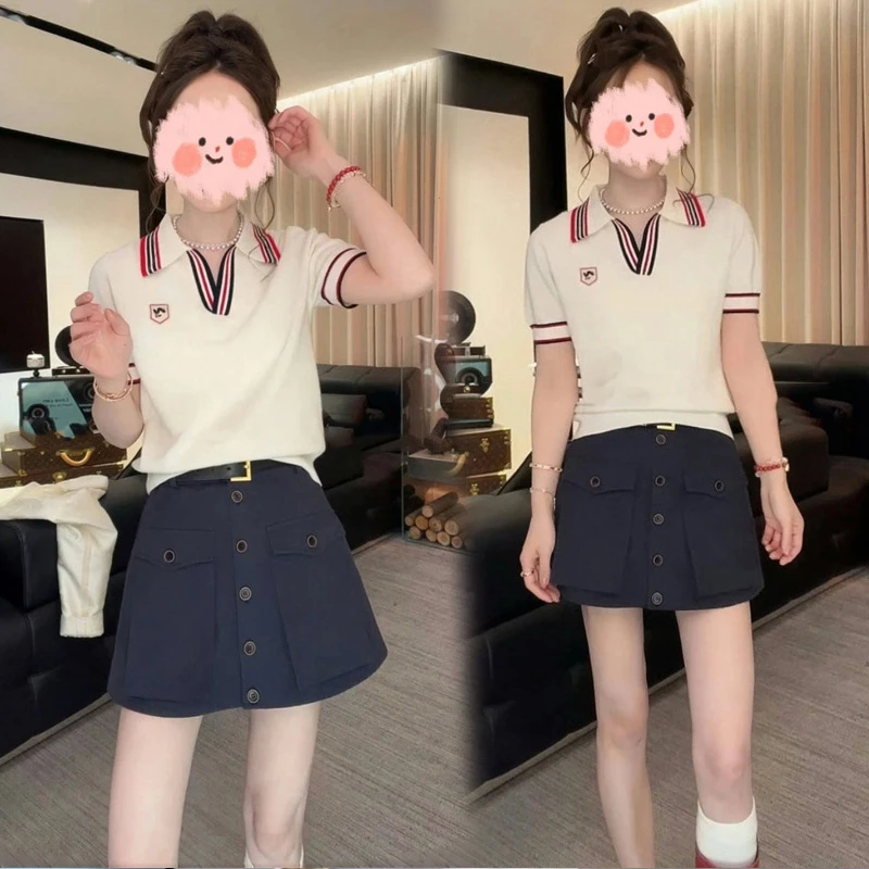 夏季减龄一整套穿搭撞色针织短袖2025新藏蓝色半身裙套装女小个子