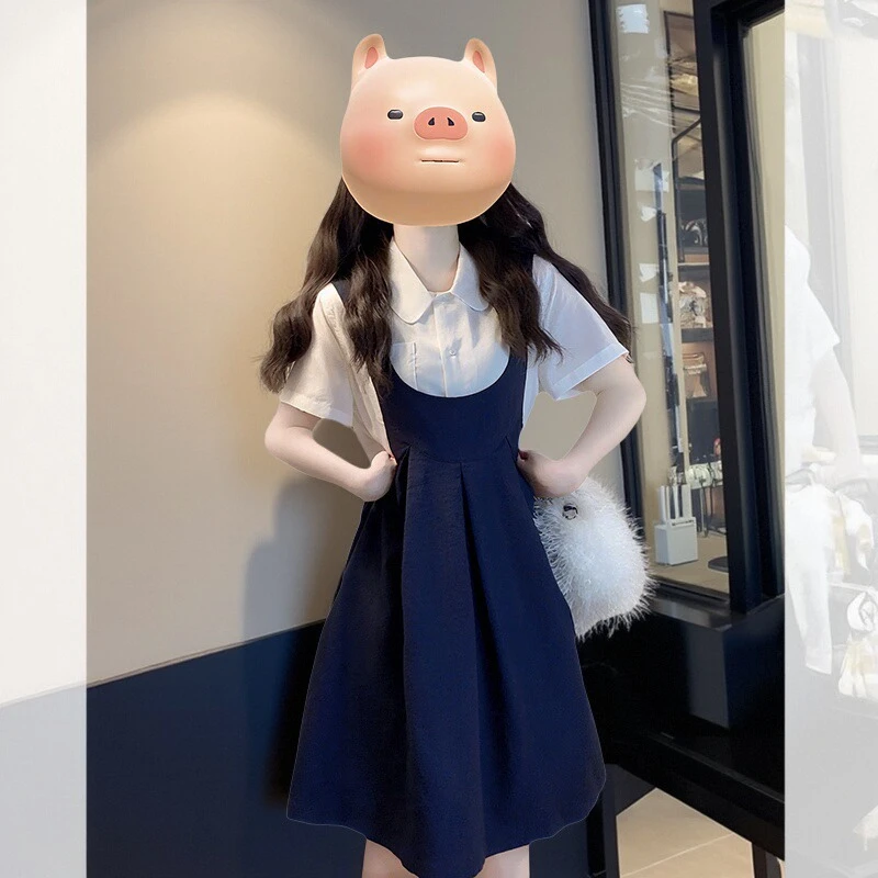 孕妇装2025新款学院风减龄背带裙搭配夏季白色短袖衬衫两件套装裙