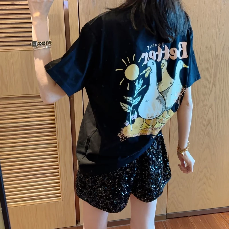 【张静芝】正反做旧卡通鸭子印花减龄百搭短袖夏季T恤