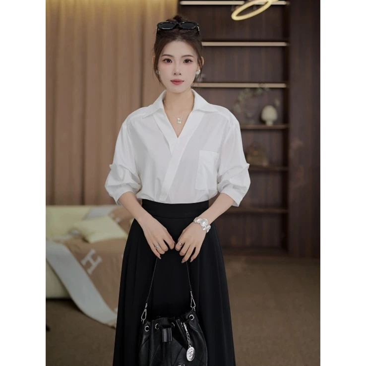 TITI定制【白露未晞】轻奢气质纯色短袖衬衫宽松显瘦上衣TZ1717622