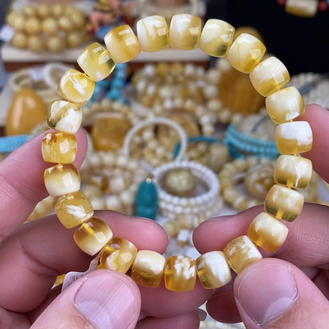 蜜蜡未镶嵌手链金瓷白聚宝盆10mm直切