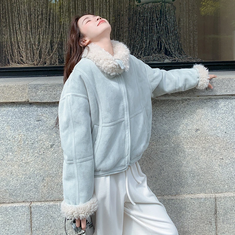 冬日温暖盐系穿搭大翻领毛绒内里外套女2025秋冬保暖短款夹克外套
