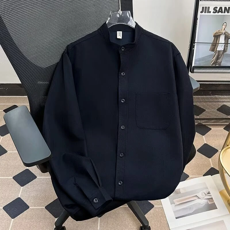 315秋季轻熟风简约长袖衬衫男潮流宽松纯色百搭休闲衬衣嘻哈