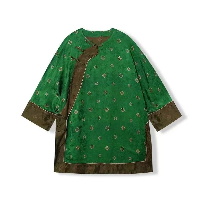 新中式绿色上衣短袖斜襟中长款薄款提花圆领