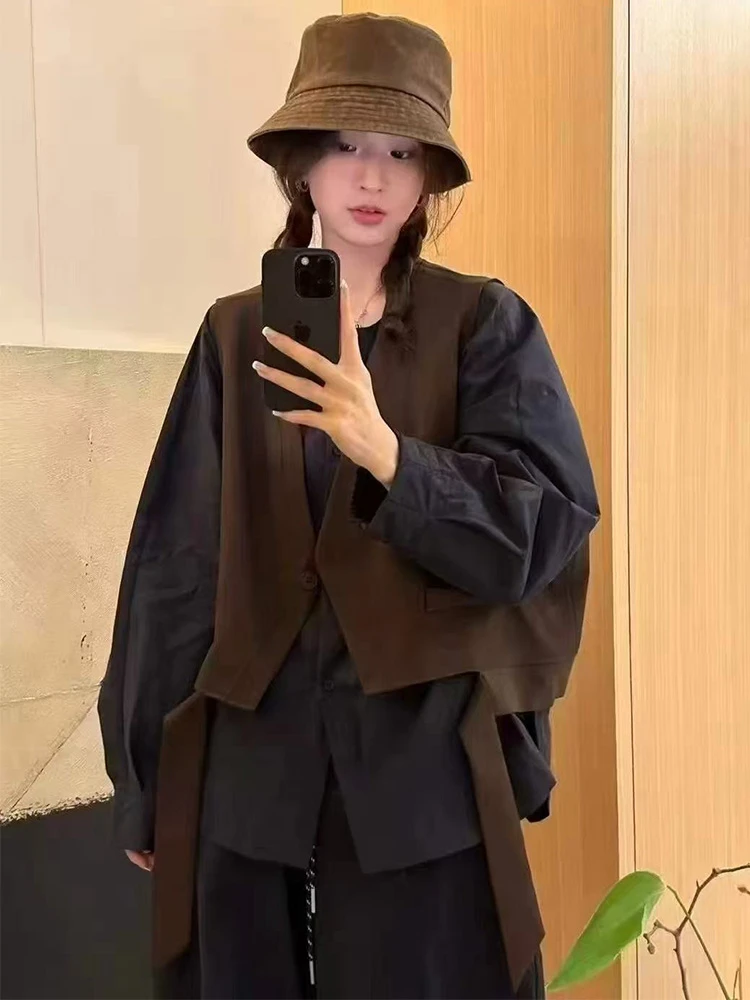 韩系不规则马夹+衬衫套装女2025早秋新款宽松显瘦小个子百搭上衣