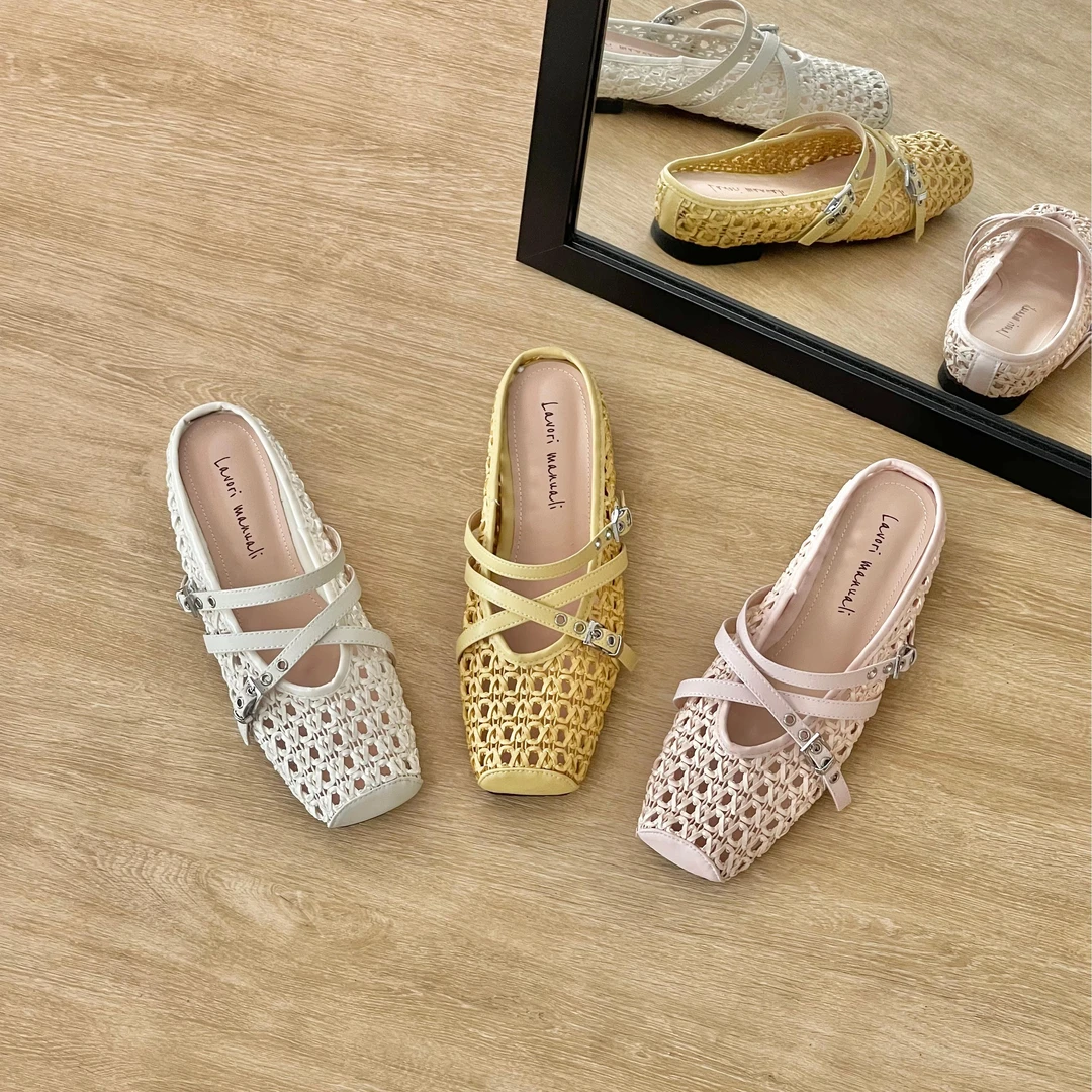 HUSSLOVE 羊皮+编织·跟高2CM·时尚方头编织猪鼻头一脚蹬包头拖鞋