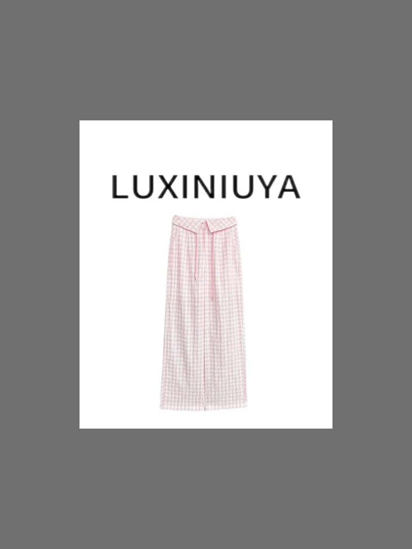 【LUXINIUYA】时尚设计感腰头粉格子薄款直筒裤#CX3467
