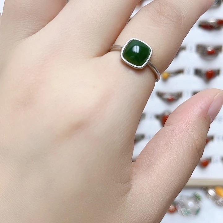 和田玉戒指银S925镶嵌天然