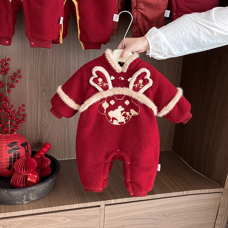 国风婴儿衣服冬季连体衣加绒保暖女宝宝满月百天过年拜年哈衣爬服