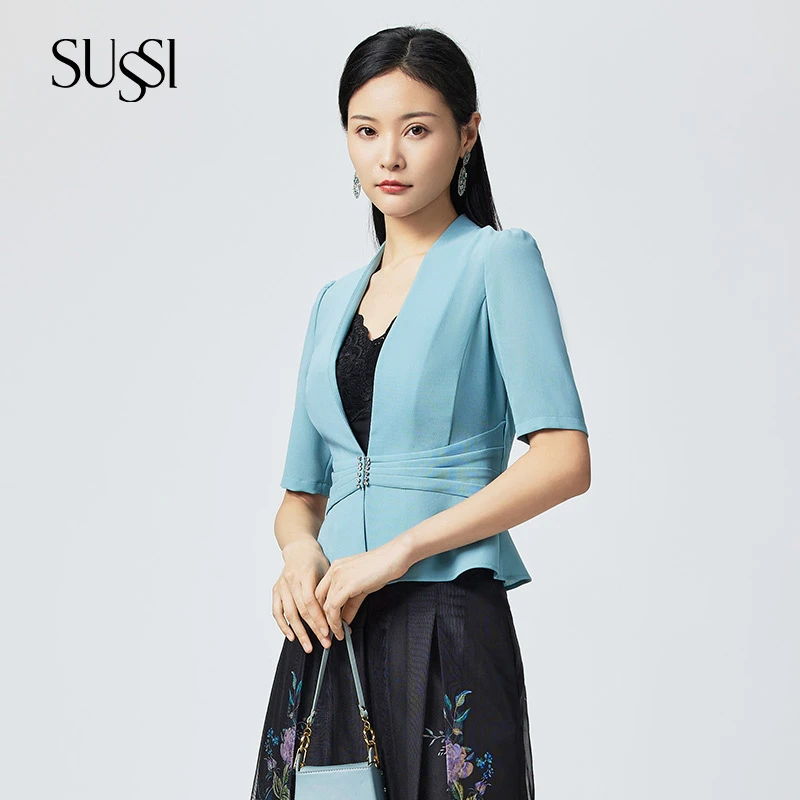 SUSSI/古色夏商场同款蓝色V领收腰显瘦通勤开衫上衣女