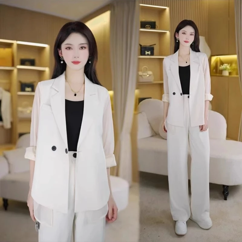 2025夏季新款套装女时髦冰丝西装洋气职业宽松薄款长袖西服两件套
