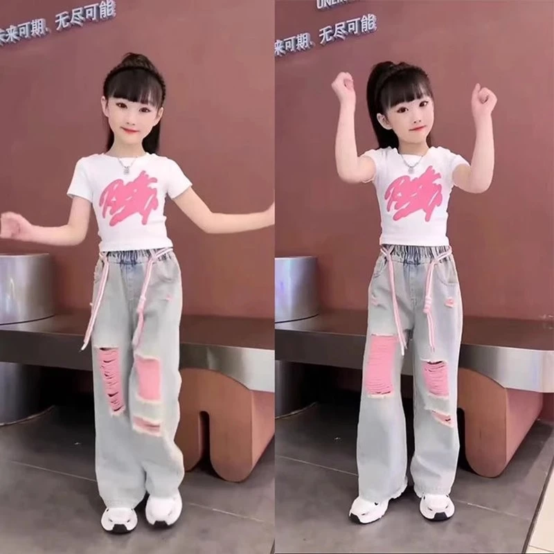 女童夏季短袖套装2025新款儿童时髦破洞时尚中大童牛仔裤两件套潮