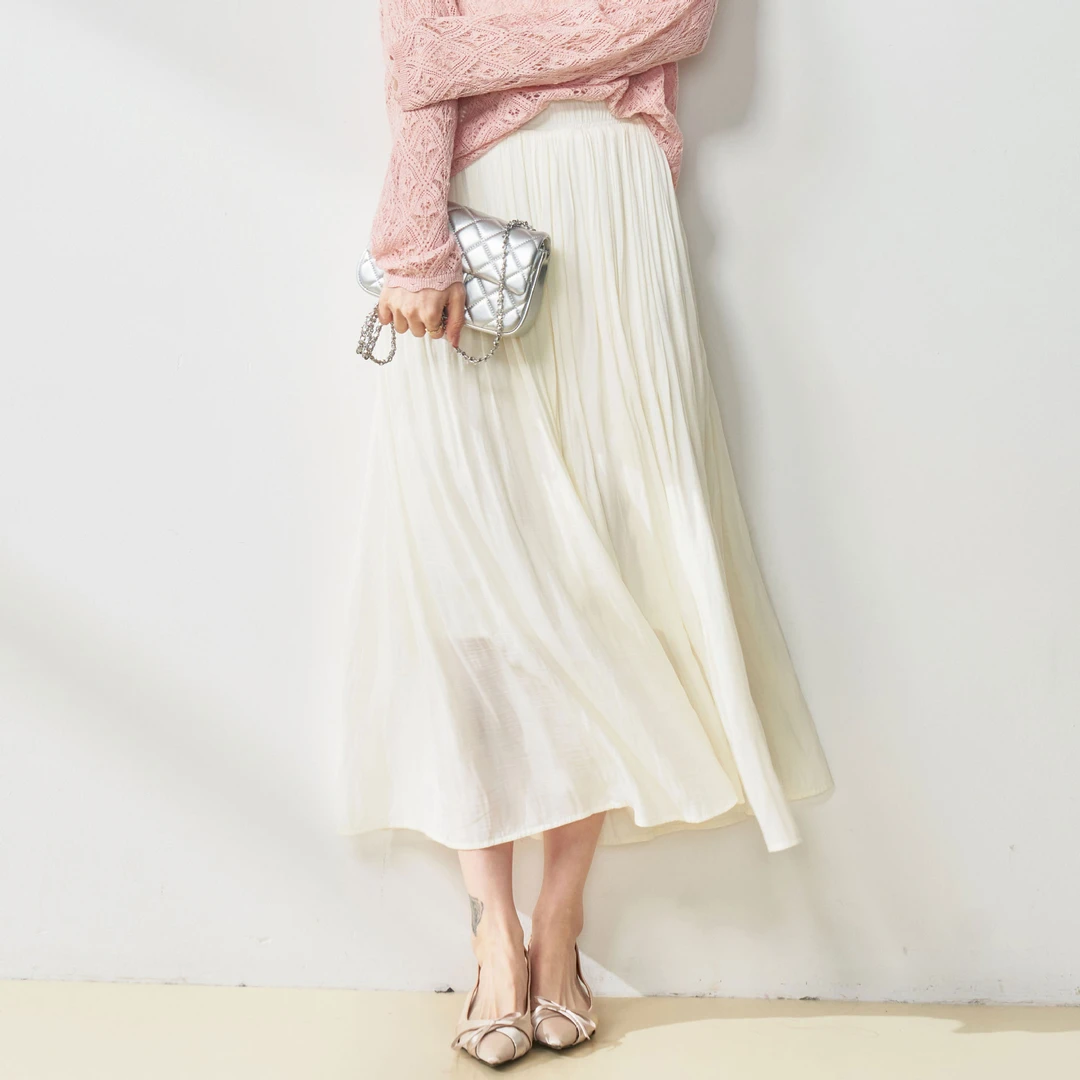 25春夏流光半身裙流动珠光感丝质绸缎百褶大裙摆空气感A字裙25131