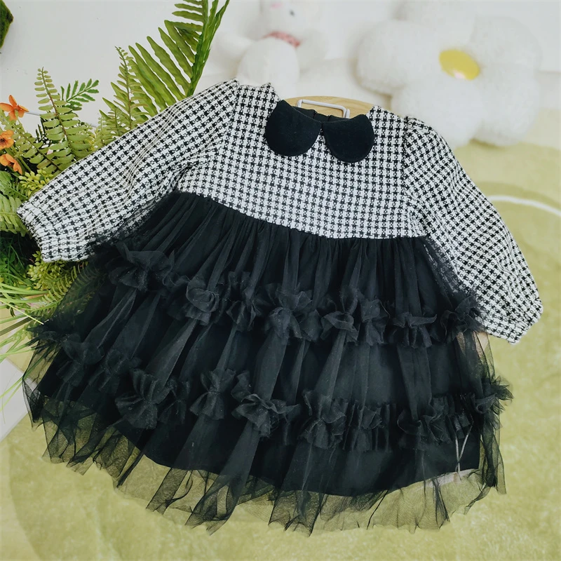 米乐熊公主夹层薄薄棉网纱蓬蓬裙小格子连衣裙5339