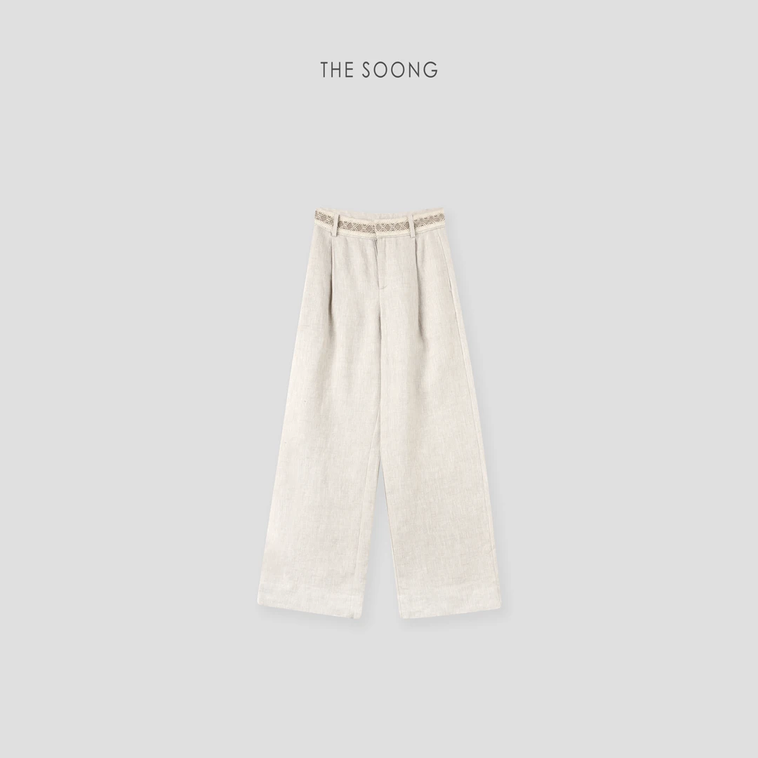 THESOONG|"邂逅南法"纯天然亚麻法式撞色凉感时髦中腰休闲裤Z6989