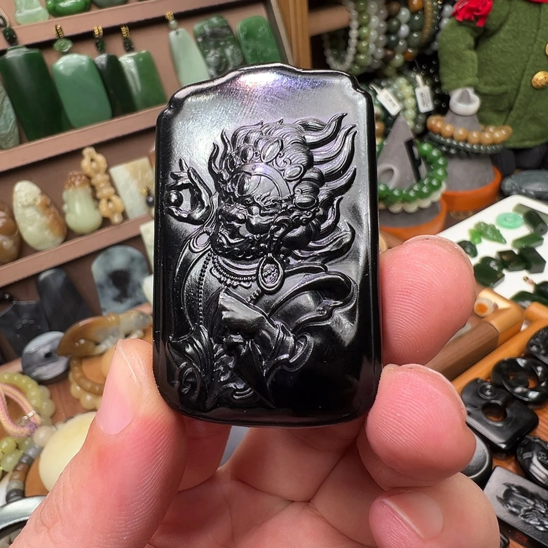 和田玉未镶嵌颈饰玉炁堂红标精雕款西瓜皮黑青大黑天黑财神61g+