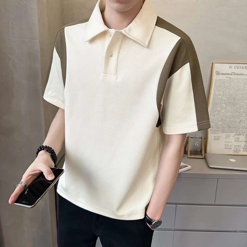 高端撞色短袖POLO衫男2025夏季新款潮牌拼接百搭休闲翻领宽松T恤