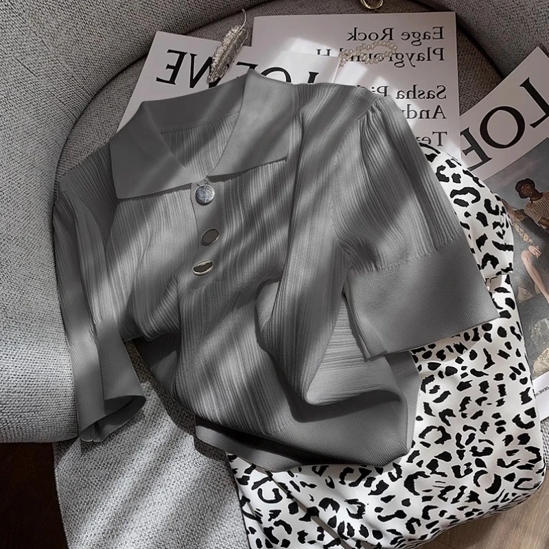 清仓灰色Polo衫短袖t恤女2025新款夏冰丝针织衫内搭打底短款上衣