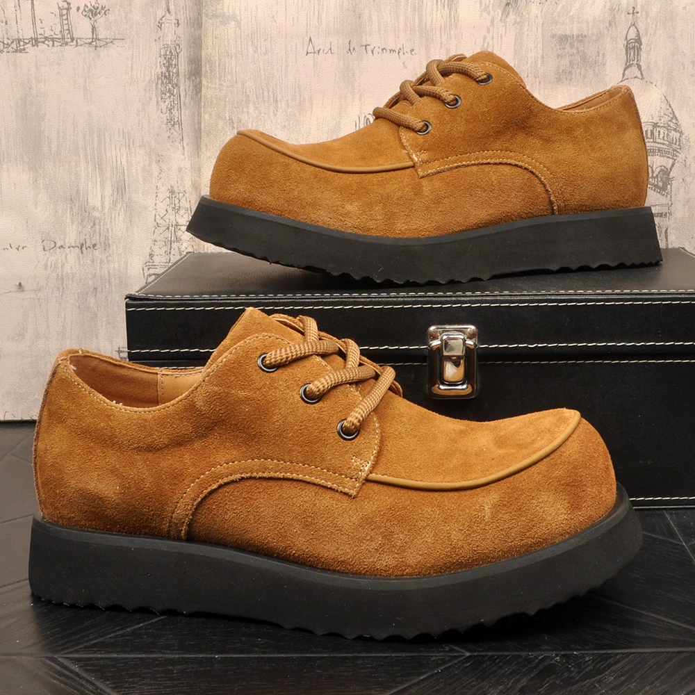 2026春季新款男士真皮德比鞋增高圆头复古港风休闲皮鞋百搭低帮鞋