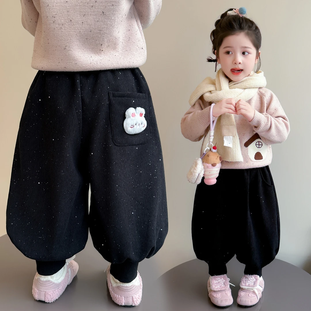 女童秋冬季加绒束脚裤子2025新款儿童灯笼裤女宝宝一体绒冬季长裤