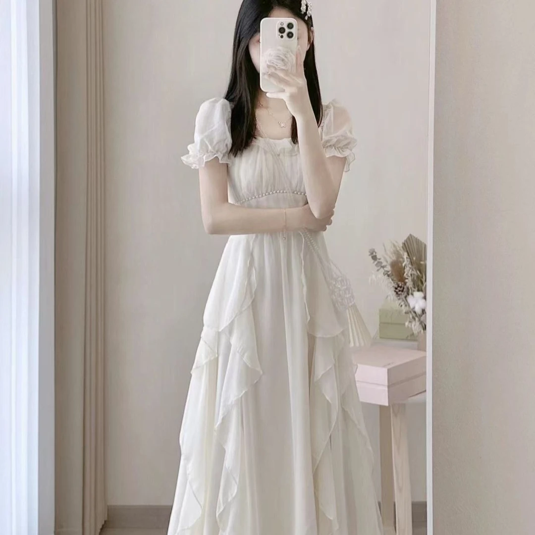 【店铺热销】2025夏季新款棉质仙裙法式方领显瘦中长款女装