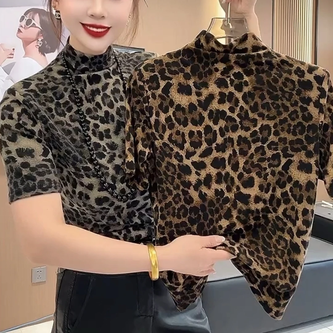 新款早秋女士时尚洋气半高领豹纹韩版内搭显瘦遮肚T恤