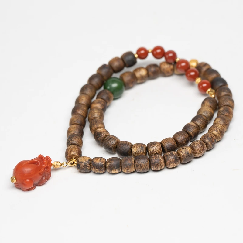 XIANYUAN/仙源莺歌绿奇楠沉香6*7mm南红貔貅双圈手串