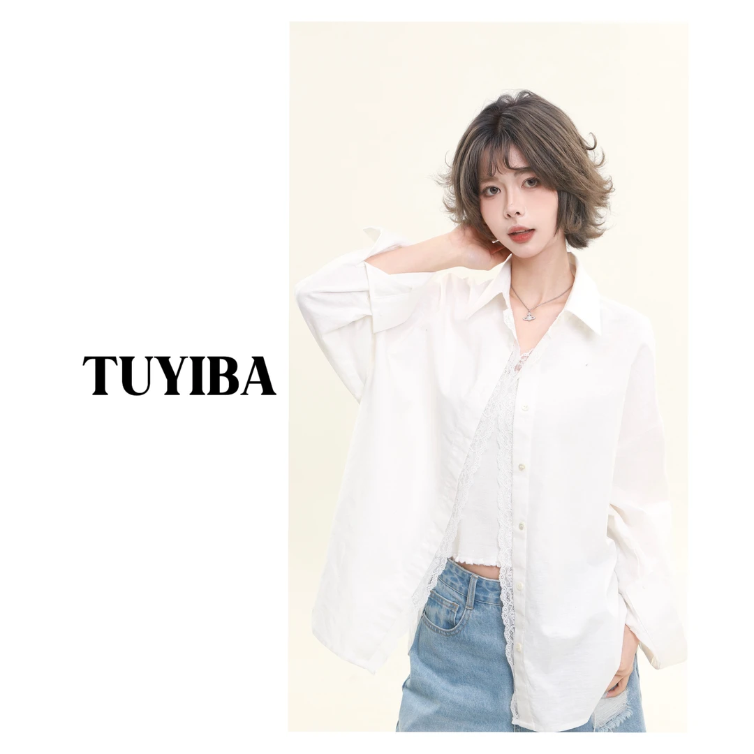 【兔兔】蕾丝拼接设计感长袖衬衫女中长款气质上衣2596