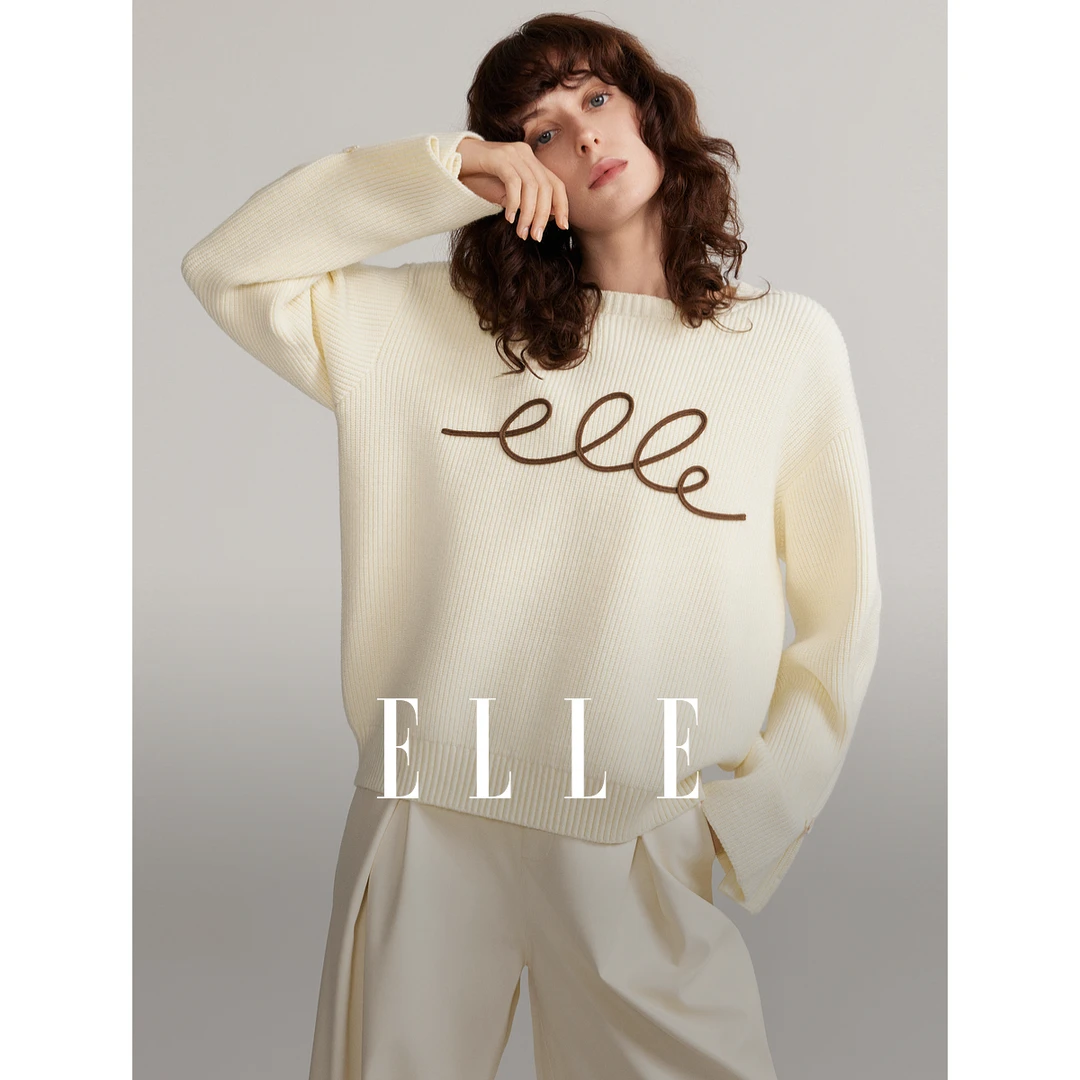 ELLE简约设计感长袖针织衫2024冬季新款欧若风慵懒风宽松EZ49975