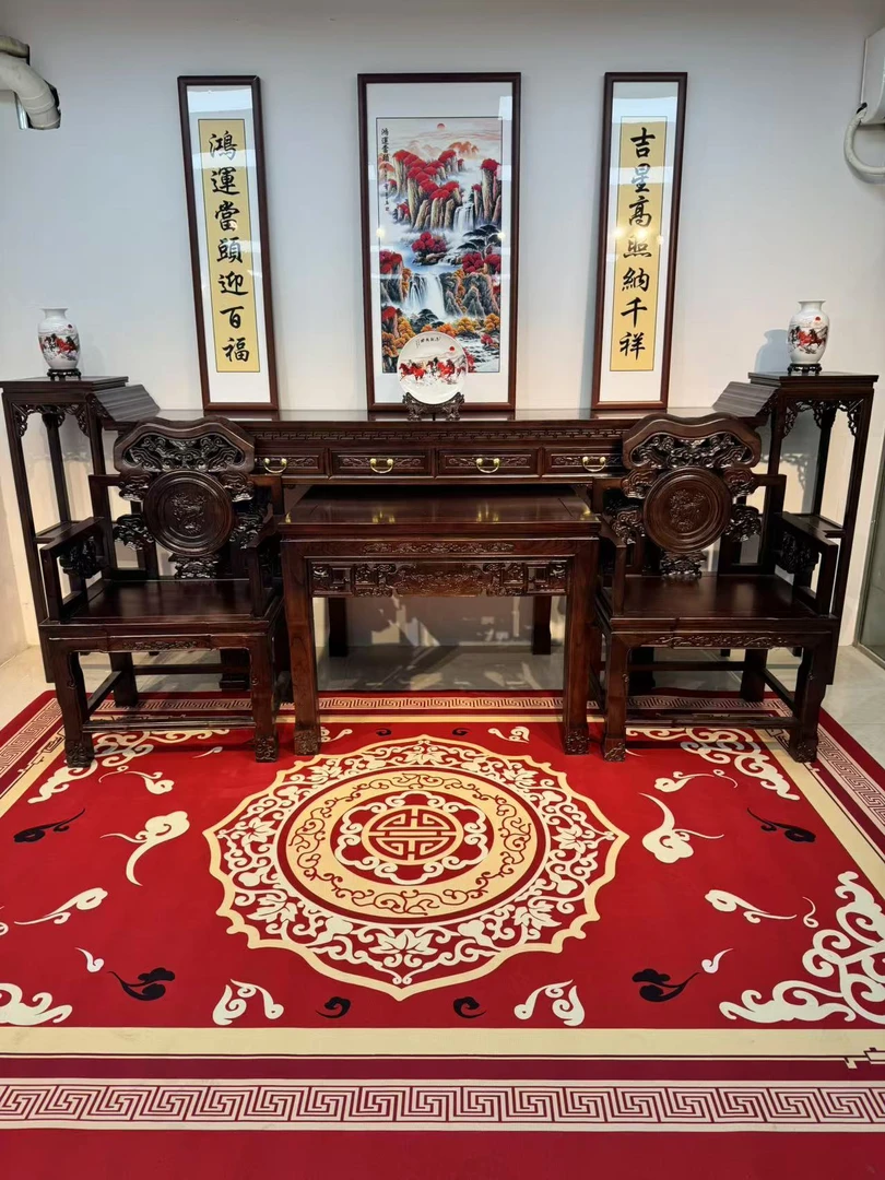 麒麟带抽中堂四六件套实木条案供桌案农村堂屋家用八仙桌雕花神台