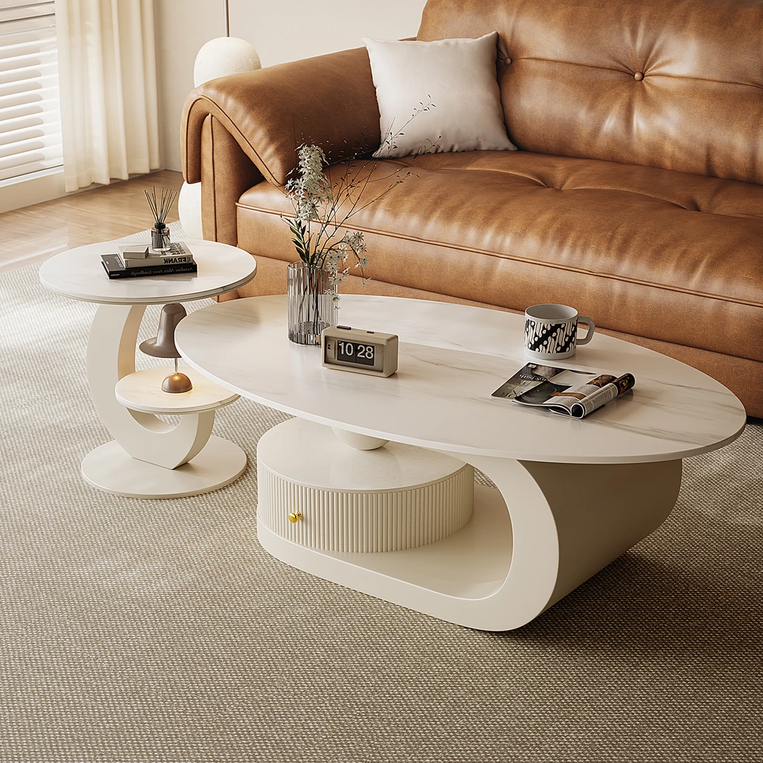 意式轻奢椭圆形岩板茶几组合小户型客厅家用带抽屉设计师简约边几