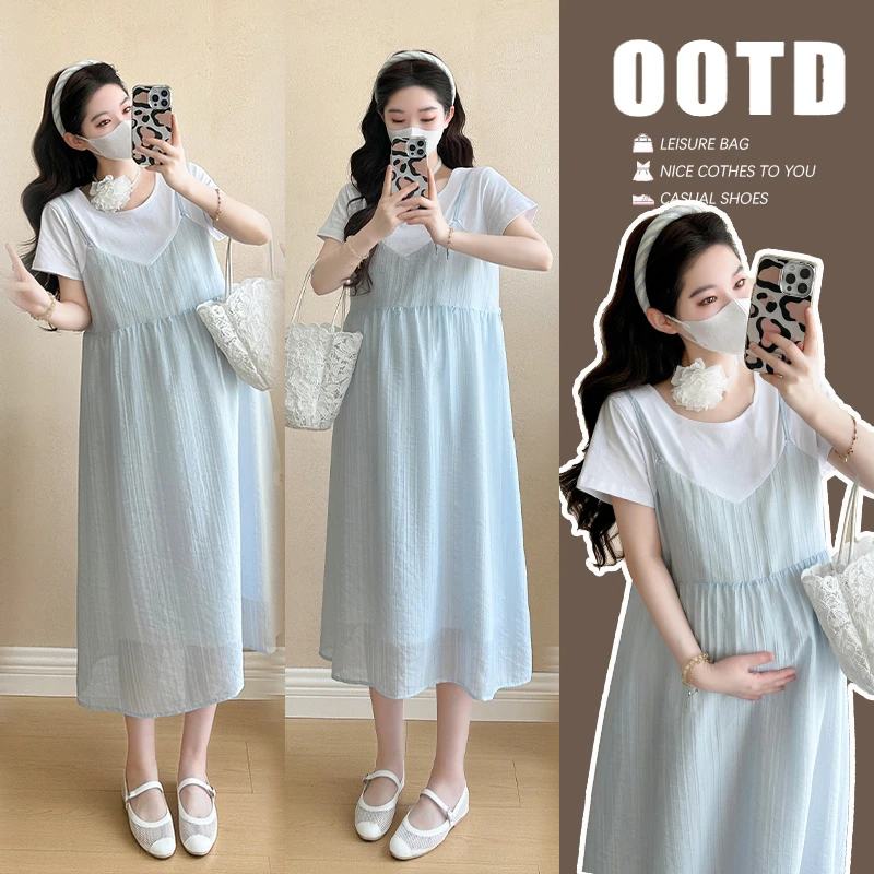 2025孕妇装连衣裙夏季新款温柔风时尚显瘦遮肚假两件外穿宽松显瘦