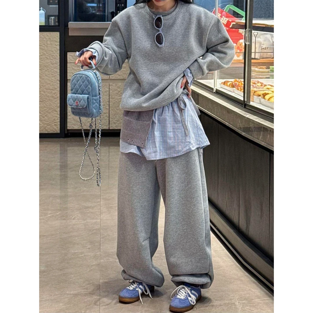 慵懒风卫衣套装女秋冬新款设计感长袖上衣格子屁帘卫裤休闲三件套