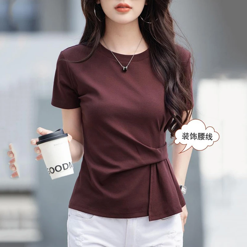 不规则微胖MM短款正肩短袖T恤女夏季设计感别致收腰遮肚子上衣潮