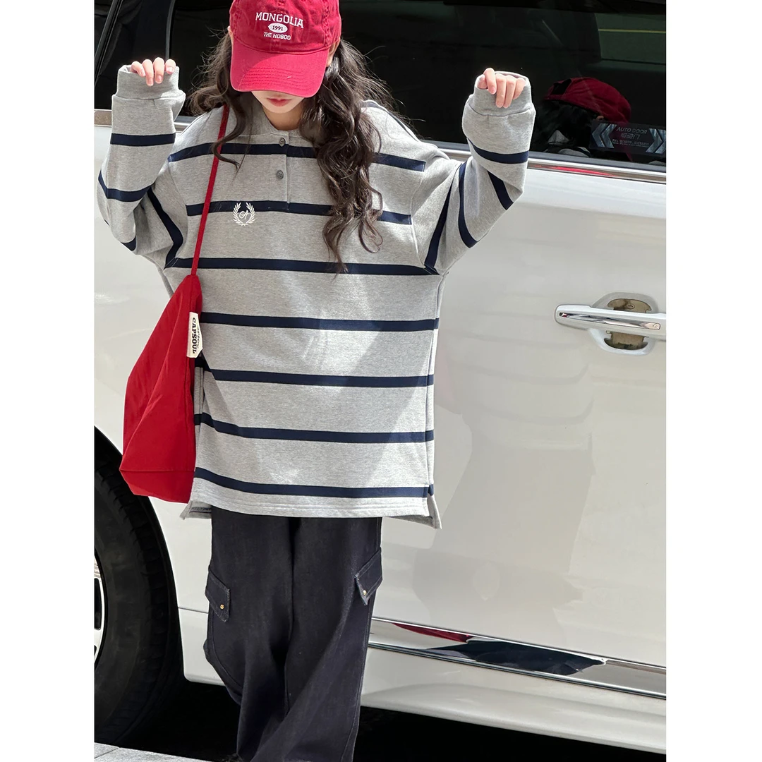 K29697孙小美美式女童polo衫2025秋装新款儿童卫衣春秋条纹上衣潮