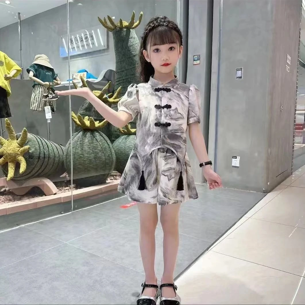 时髦套装夏款洋气中大童装女孩水墨画汉服两件套童装