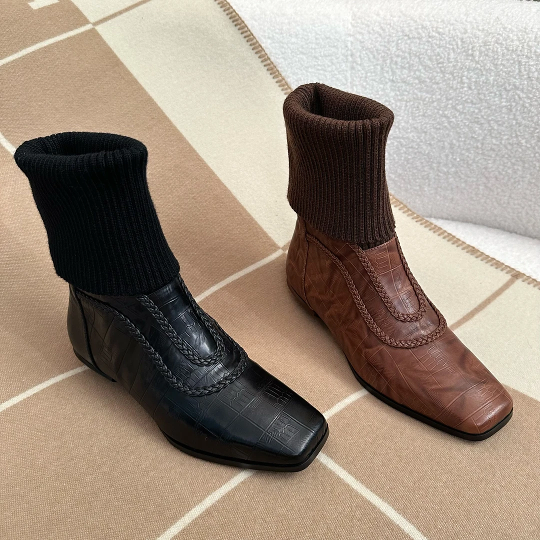 2025冬季新款气质百搭真皮时尚弹力袜靴复古手工编织粗跟百搭女靴