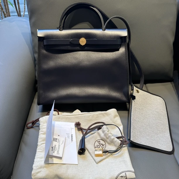 99新 Hermes/爱马仕 水兵蓝防水布herbag31 B刻 小全套