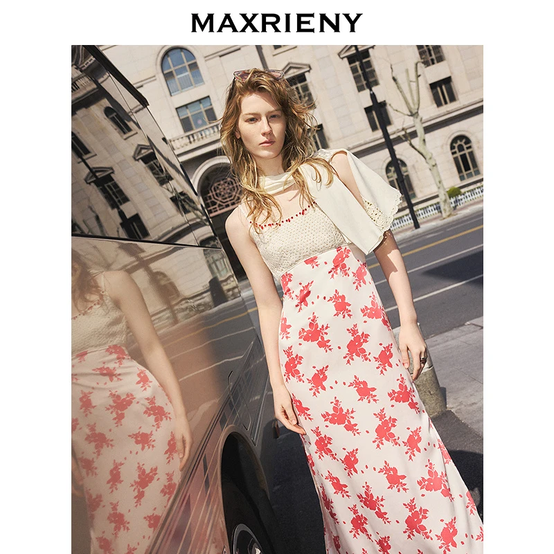 MAXRIENY【秀场同款】2025夏季新款印花修身长款钉珠吊带连衣裙