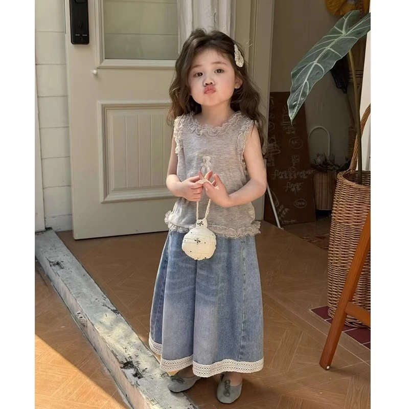 童装2025春秋时尚新款夏装中小童宝宝花边领上衣女童休闲阔腿裤子